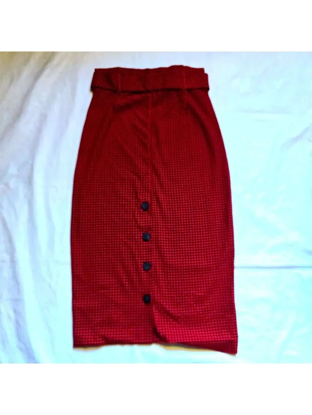 Zara TRF Collection Red and Black Checkered Pencil Skirt with Front Buttons